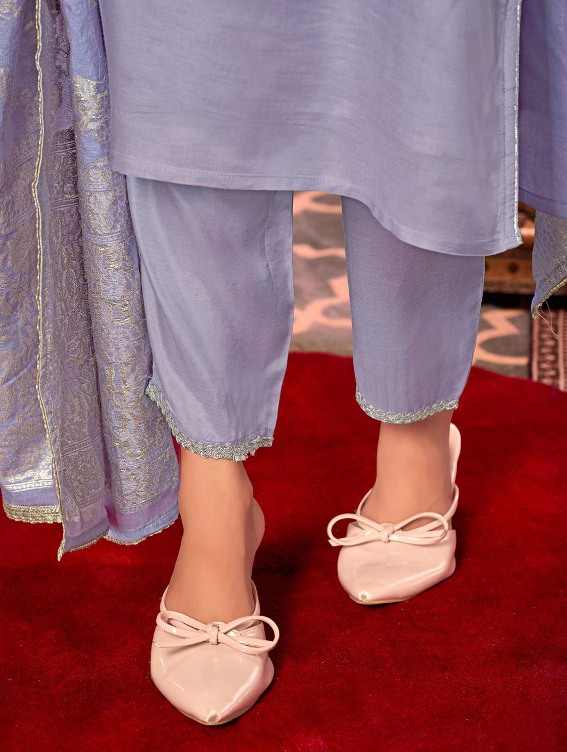 women solid with work three quarter sleeve kurta pant with dupatta set - 22286536 -  Standard Image - 5