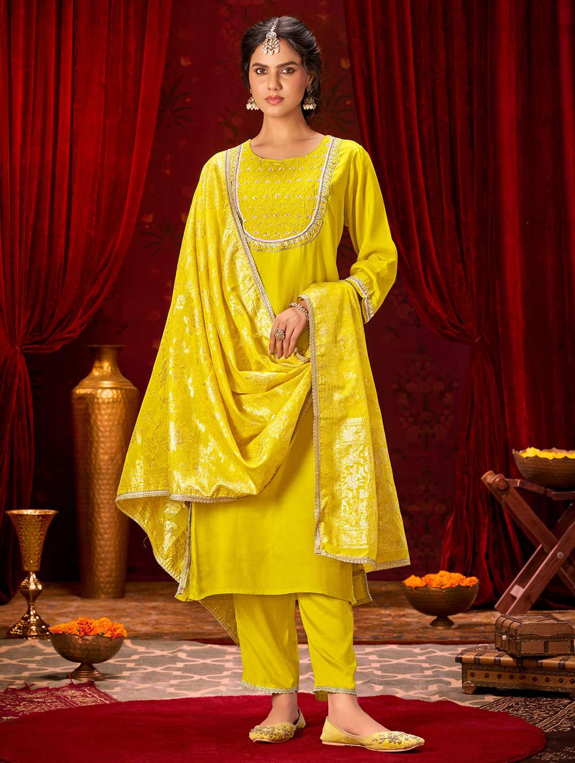 women solid with work three quarter sleeve kurta pant with dupatta set