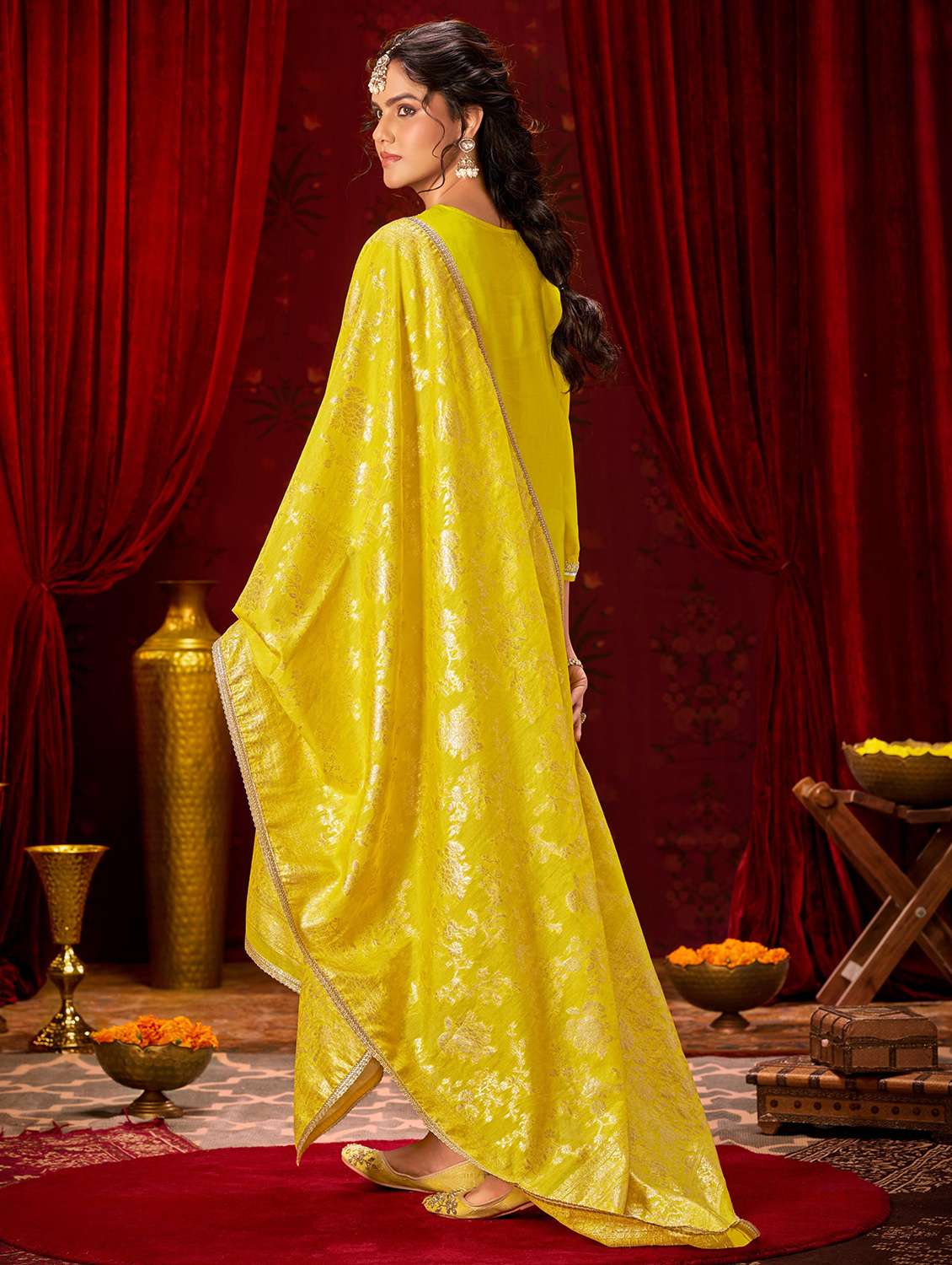 women solid with work three quarter sleeve kurta pant with dupatta set - 22286537 -  Standard Image - 3