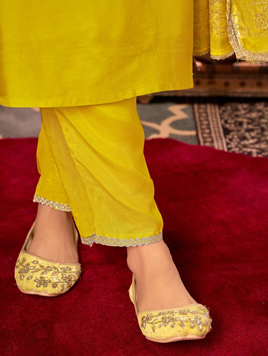 women solid with work three quarter sleeve kurta pant with dupatta set - 22286537 -  Standard Image - 5