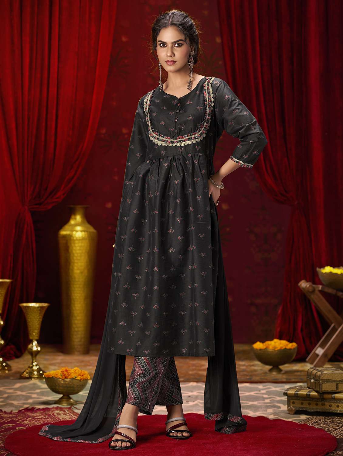 women printed three quarter sleeve kurta pant with dupatta set