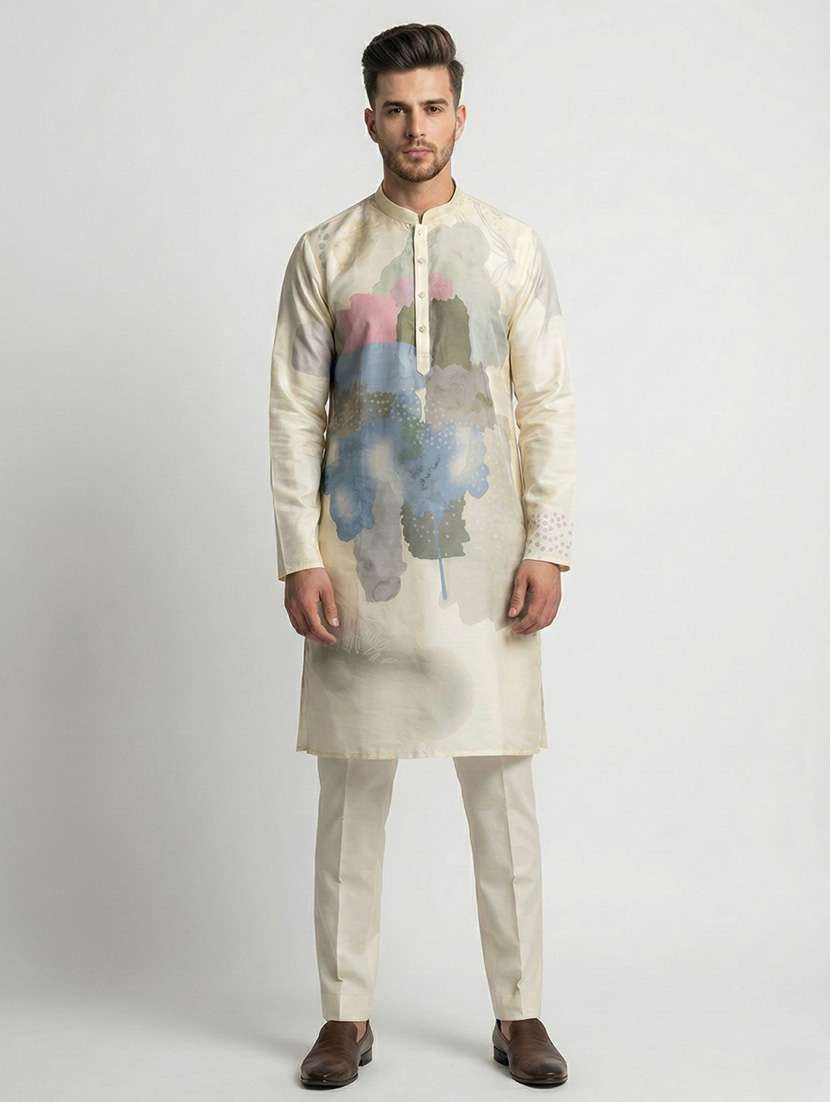 men printed mandarin neck long kurta