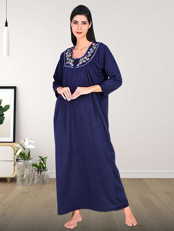 women solid long sleeve nighty