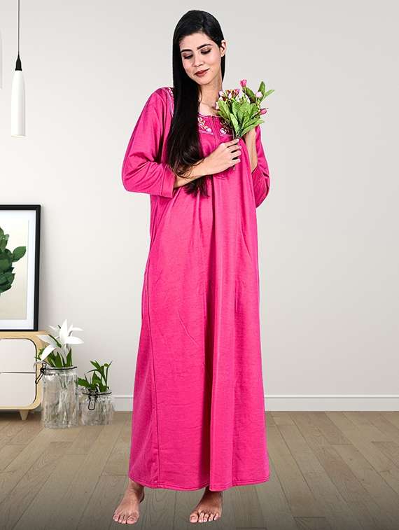 women solid long sleeve nighty