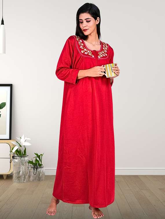 women solid long sleeve nighty