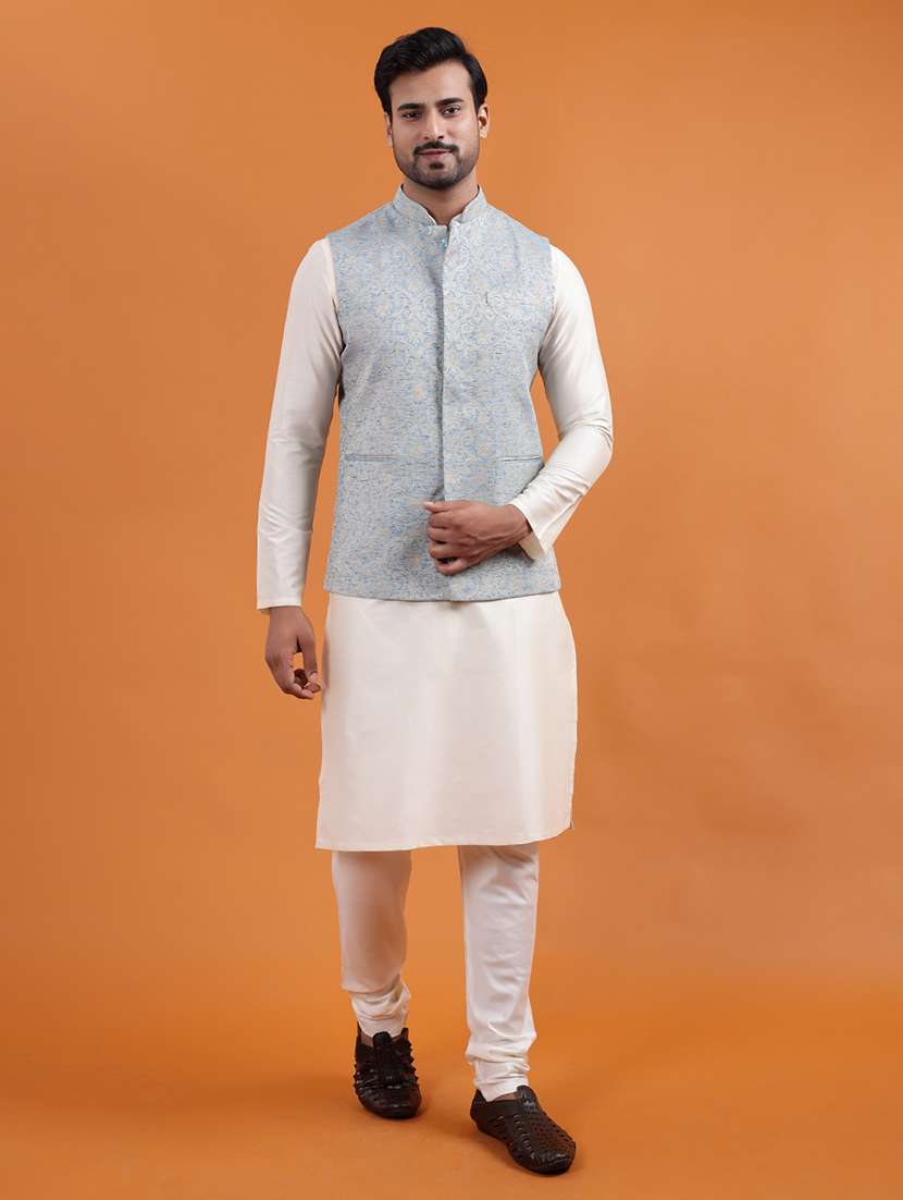 men self design mandarin neck regular fit nehru jacket