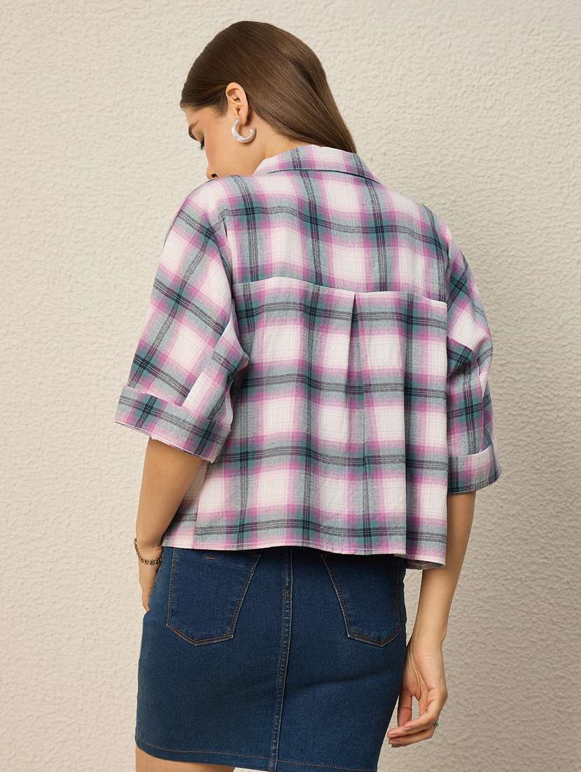 women checkered collared short sleeve crop shirt - 22286755 -  Standard Image - 3