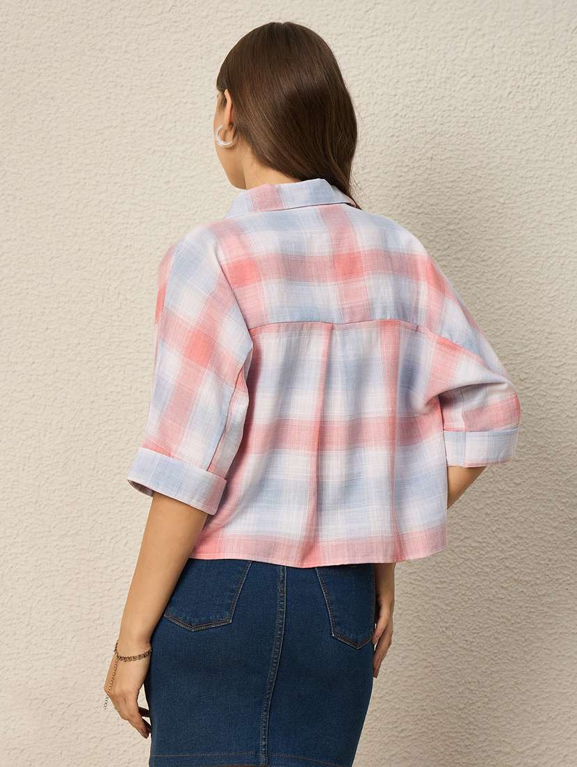women checkered collared short sleeve crop shirt - 22286756 -  Standard Image - 3