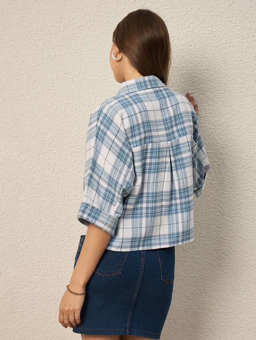 women checkered collared short sleeve crop shirt - 22286757 -  Standard Image - 3