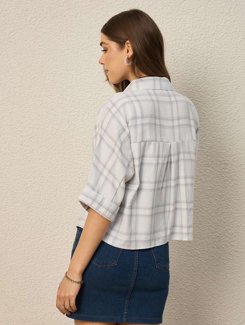 women checkered collared short sleeve crop shirt - 22286758 -  Standard Image - 3