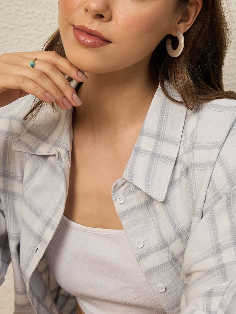 women checkered collared short sleeve crop shirt - 22286758 -  Standard Image - 5