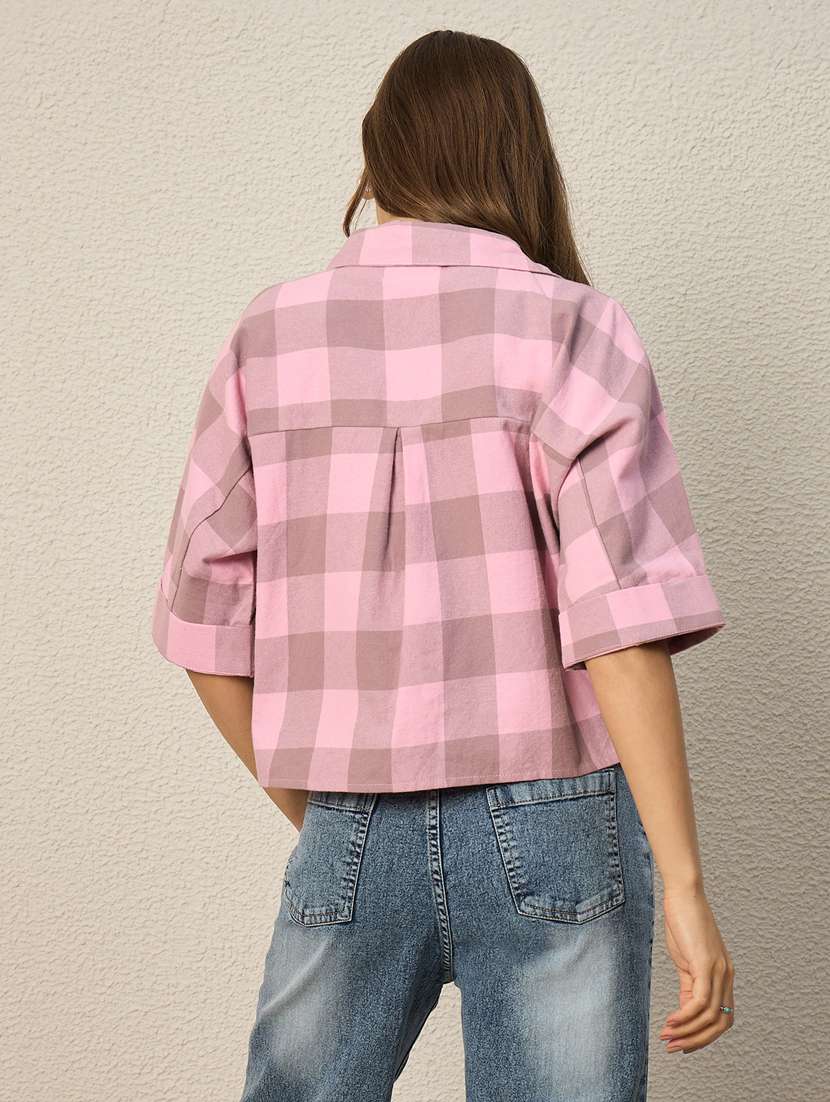 women checkered collared short sleeve crop shirt - 22286759 -  Standard Image - 3