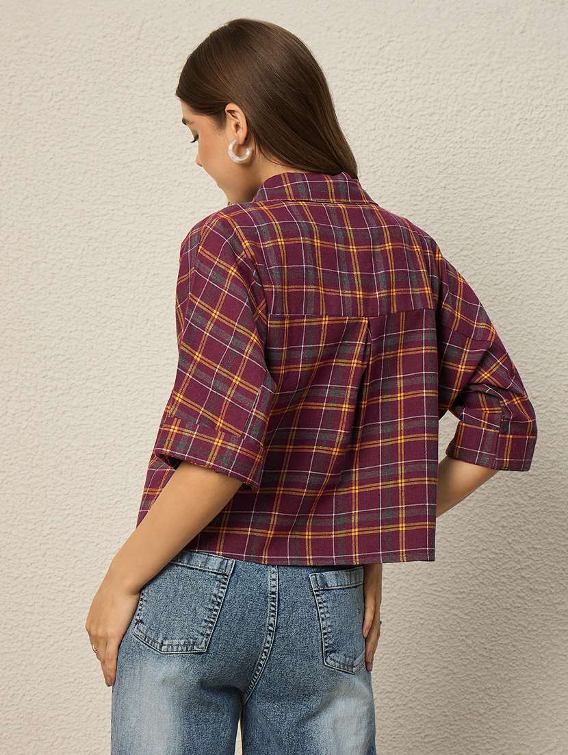 women checkered collared short sleeve crop shirt - 22286760 -  Standard Image - 3