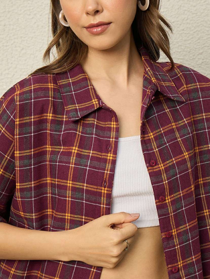 women checkered collared short sleeve crop shirt - 22286760 -  Standard Image - 5