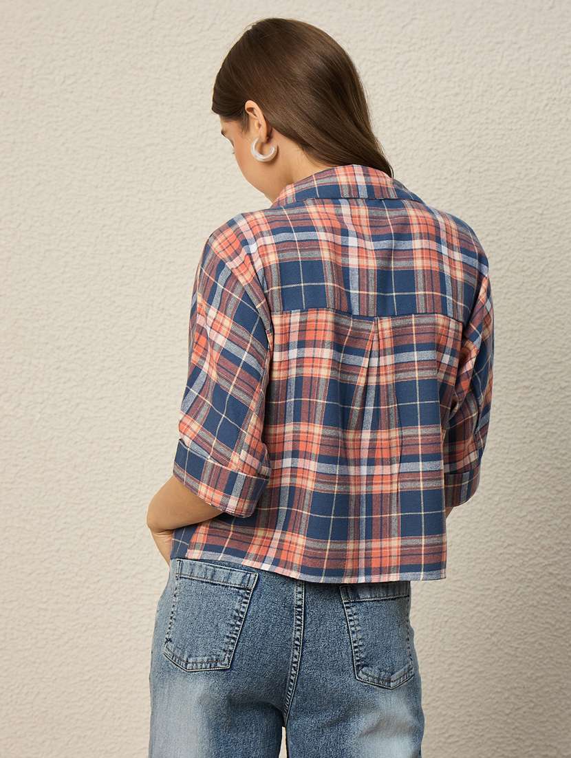 women checkered collared short sleeve crop shirt - 22286761 -  Standard Image - 3