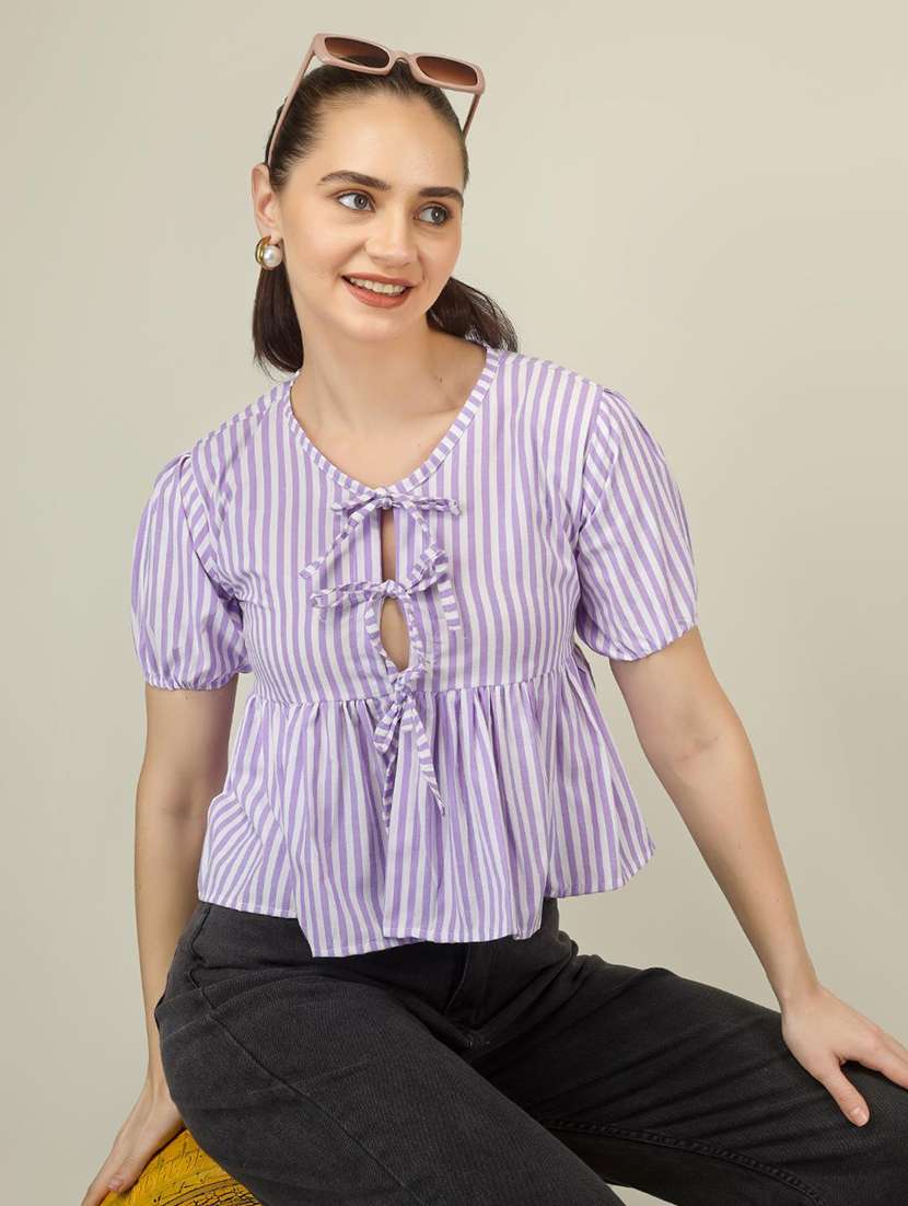women striped puff sleeve front tie peplum top