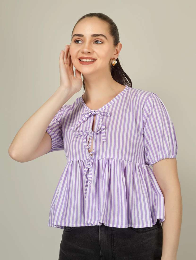 women striped puff sleeve front tie peplum top - 22286821 -  Standard Image - 3