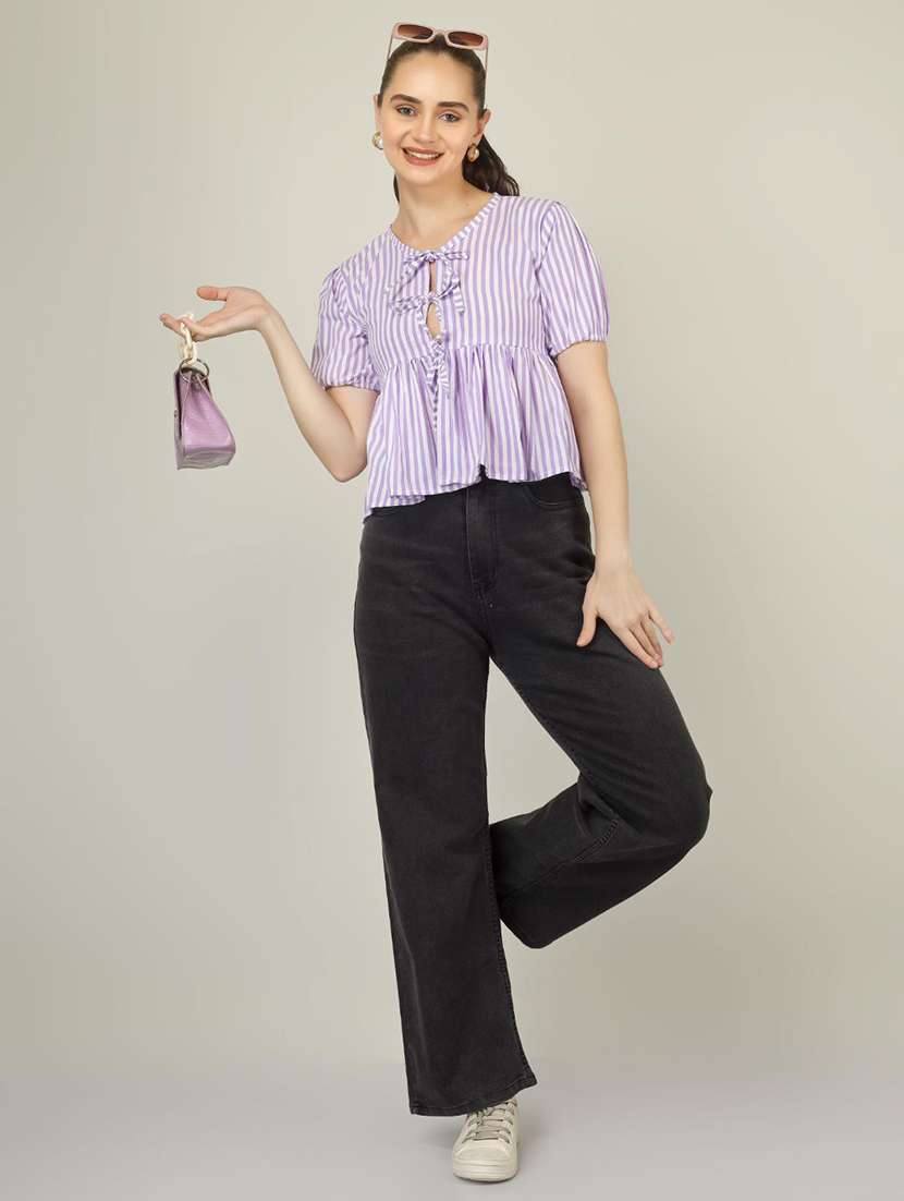 women striped puff sleeve front tie peplum top - 22286821 -  Standard Image - 5
