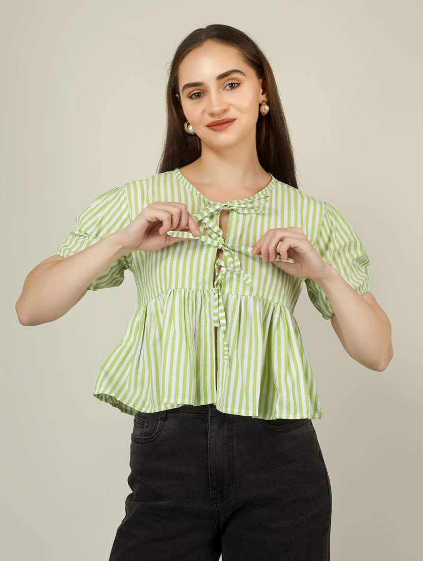 women striped puff sleeve front tie peplum top - 22286822 -  Standard Image - 3