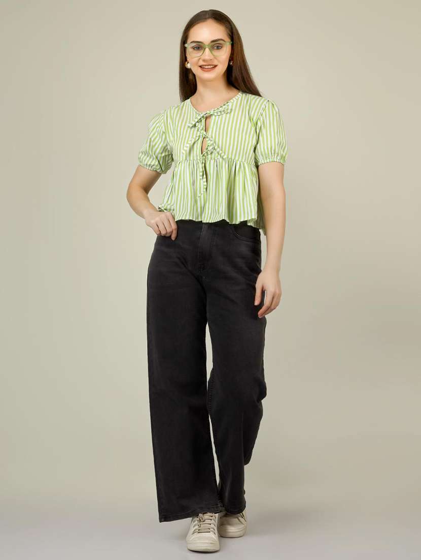 women striped puff sleeve front tie peplum top - 22286822 -  Standard Image - 5