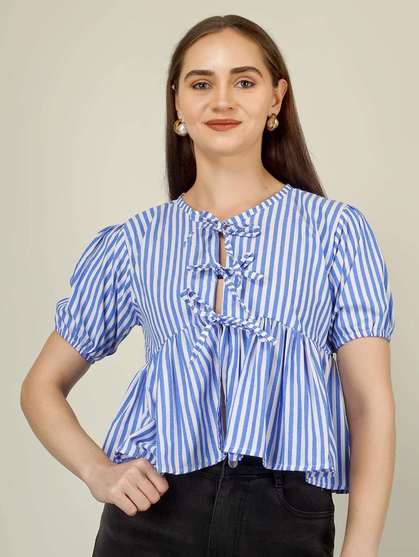 women striped puff sleeve front tie peplum top - 22286823 -  Standard Image - 3