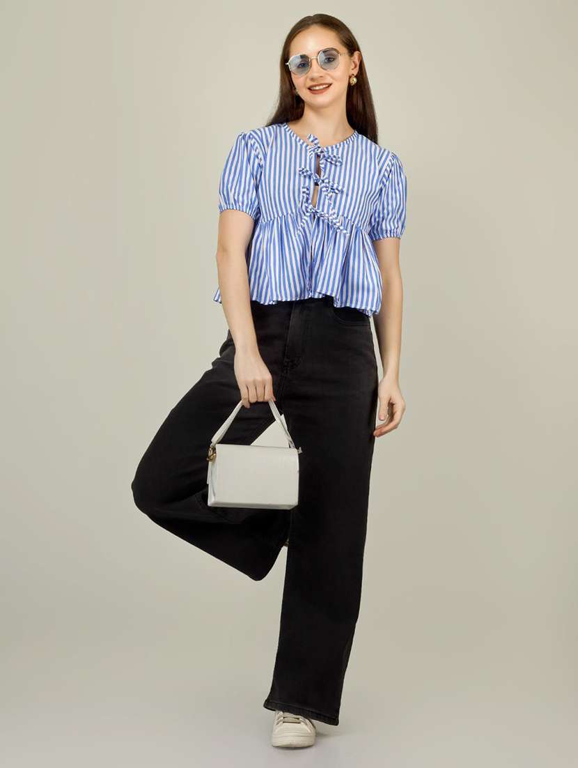 women striped puff sleeve front tie peplum top - 22286823 -  Standard Image - 5