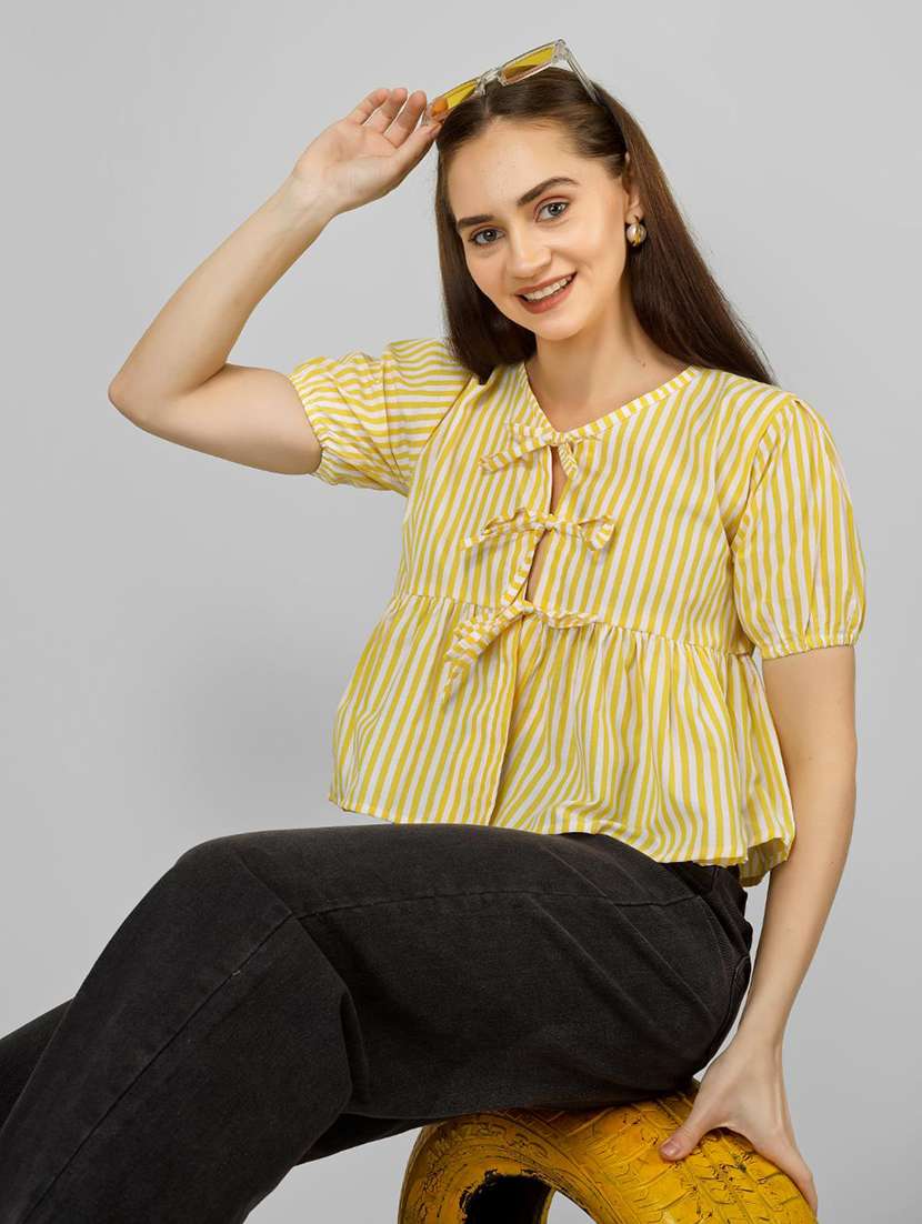 women striped puff sleeve front tie peplum top