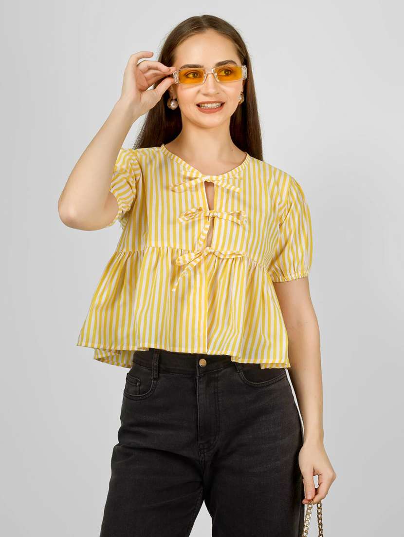 women striped puff sleeve front tie peplum top - 22286824 -  Standard Image - 3