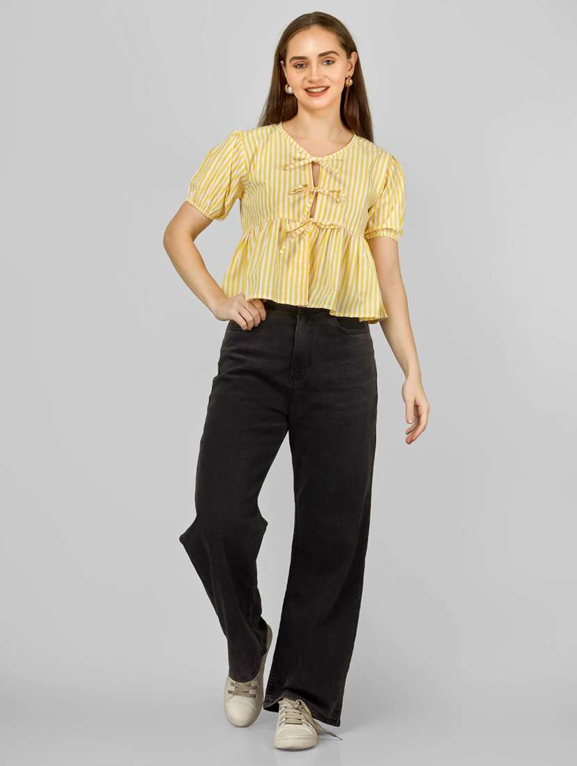 women striped puff sleeve front tie peplum top - 22286824 -  Standard Image - 5