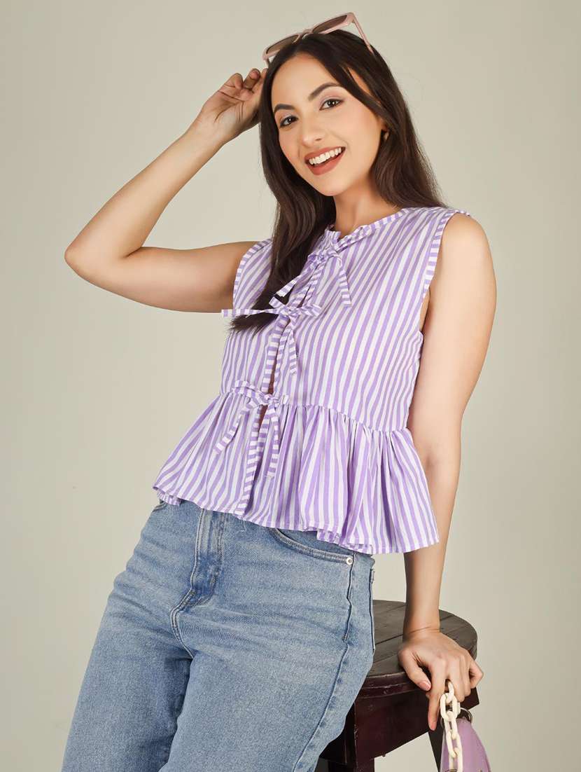 women striped sleeveless front tie peplum top