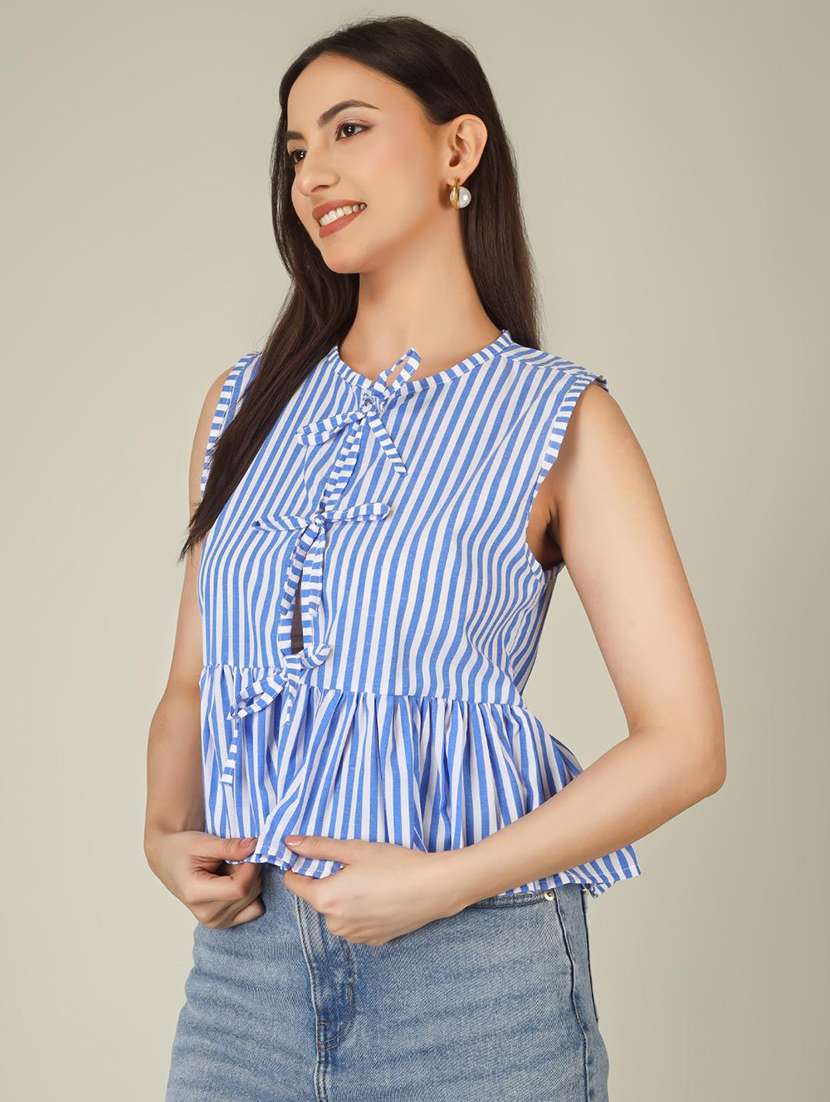 women striped sleeveless front tie peplum top - 22286828 -  Standard Image - 3