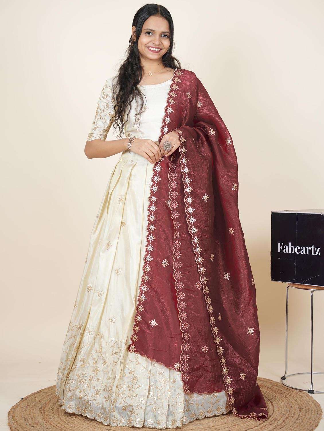 women solid with work semi-stitched flared lehenga