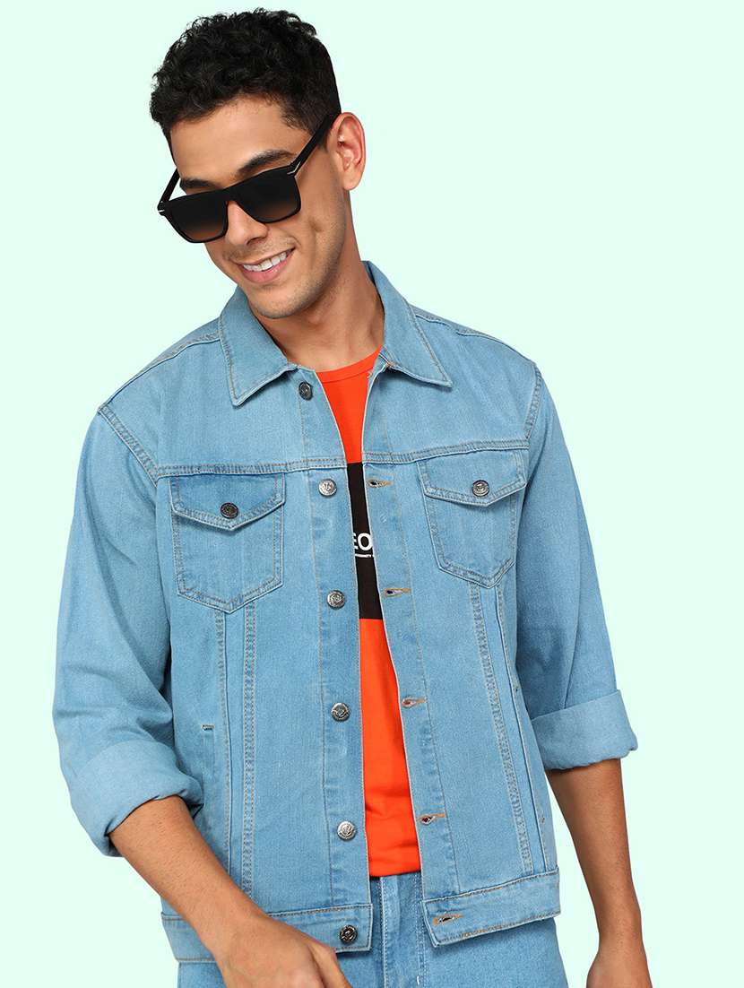 men solid long sleeve denim jacket