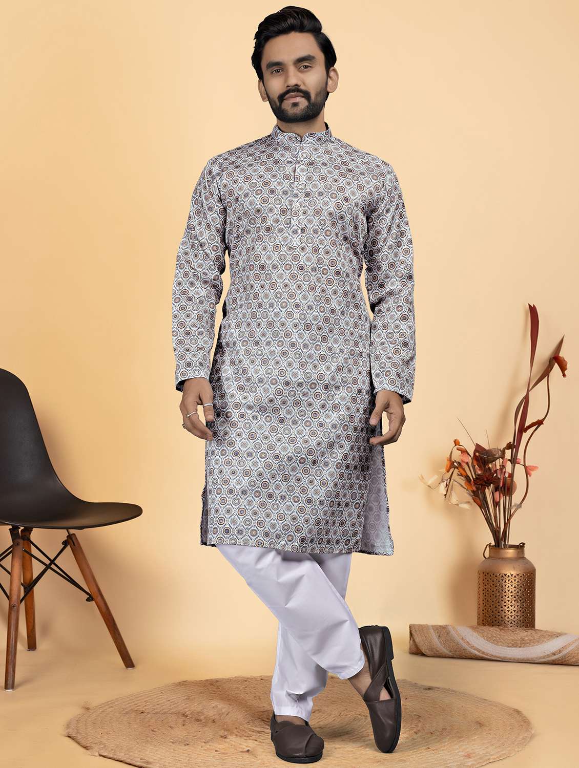 men printed mandarin neck long kurta