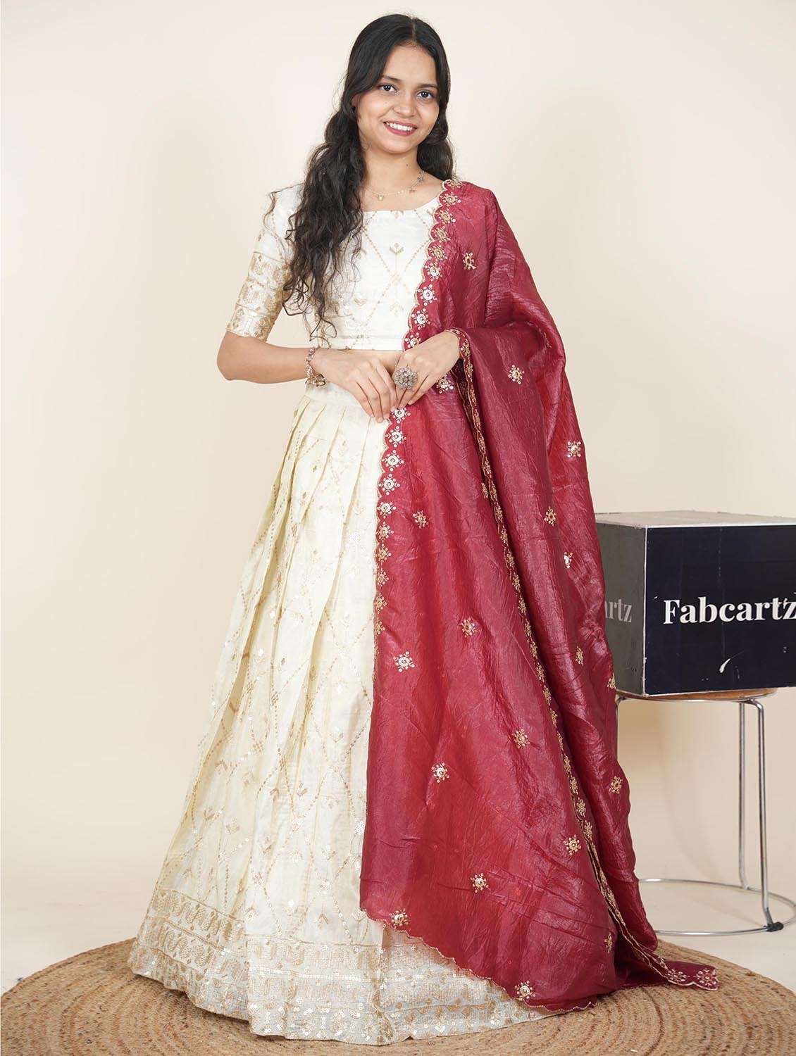 women solid with work semi-stitched flared lehenga