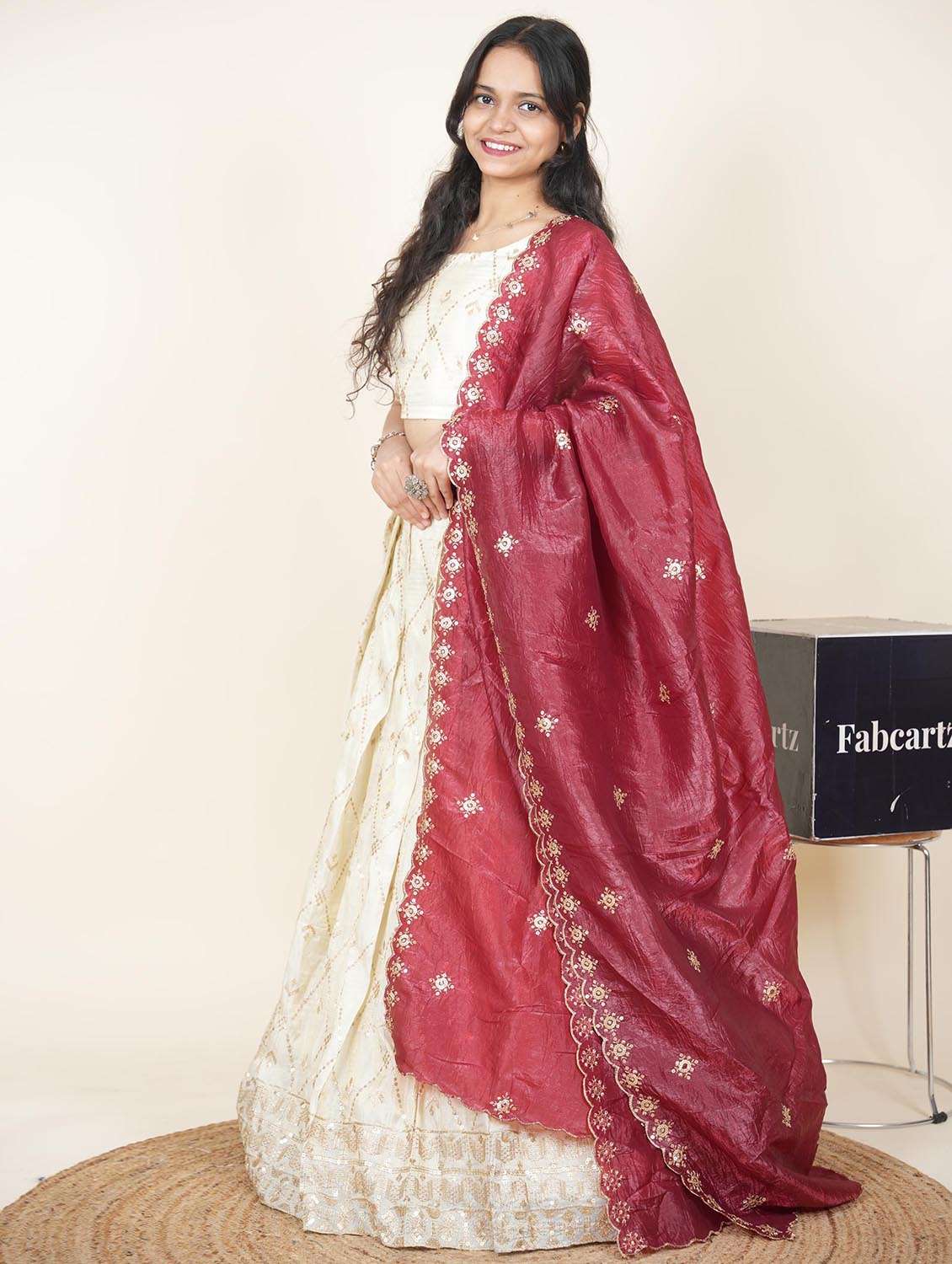 women solid with work semi-stitched flared lehenga - 22287084 -  Standard Image - 3