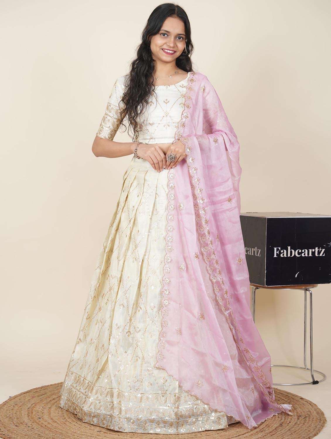 women solid with work semi-stitched flared lehenga