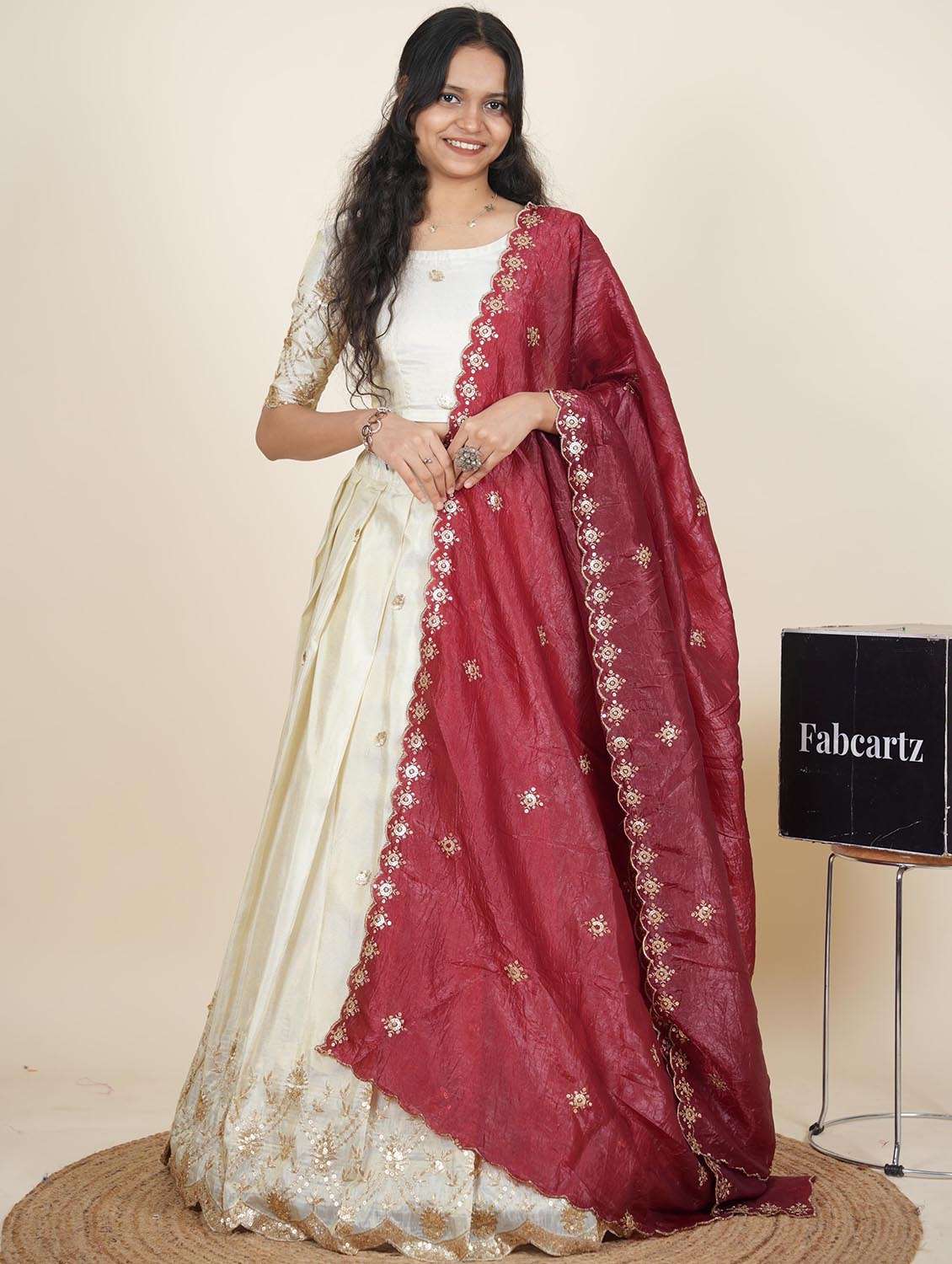 women solid with work semi-stitched flared lehenga