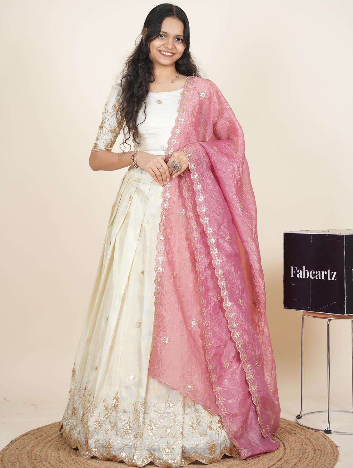 women solid with work semi-stitched flared lehenga