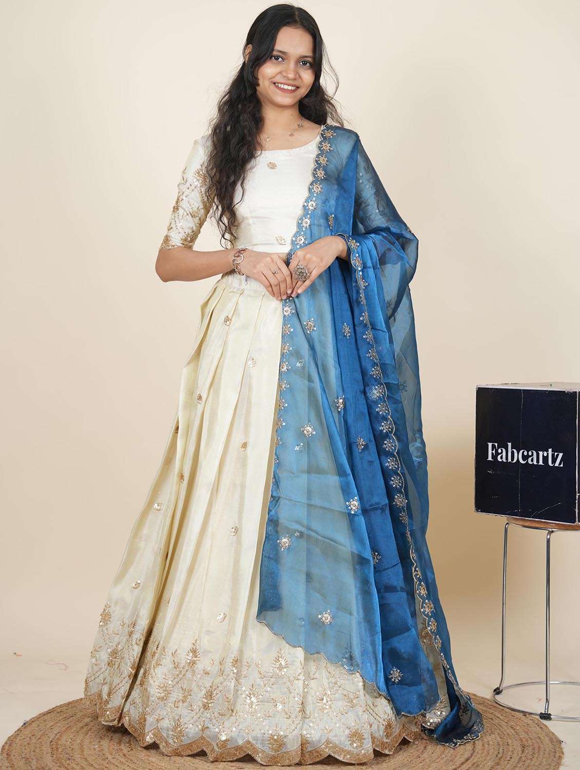 women solid with work semi-stitched flared lehenga