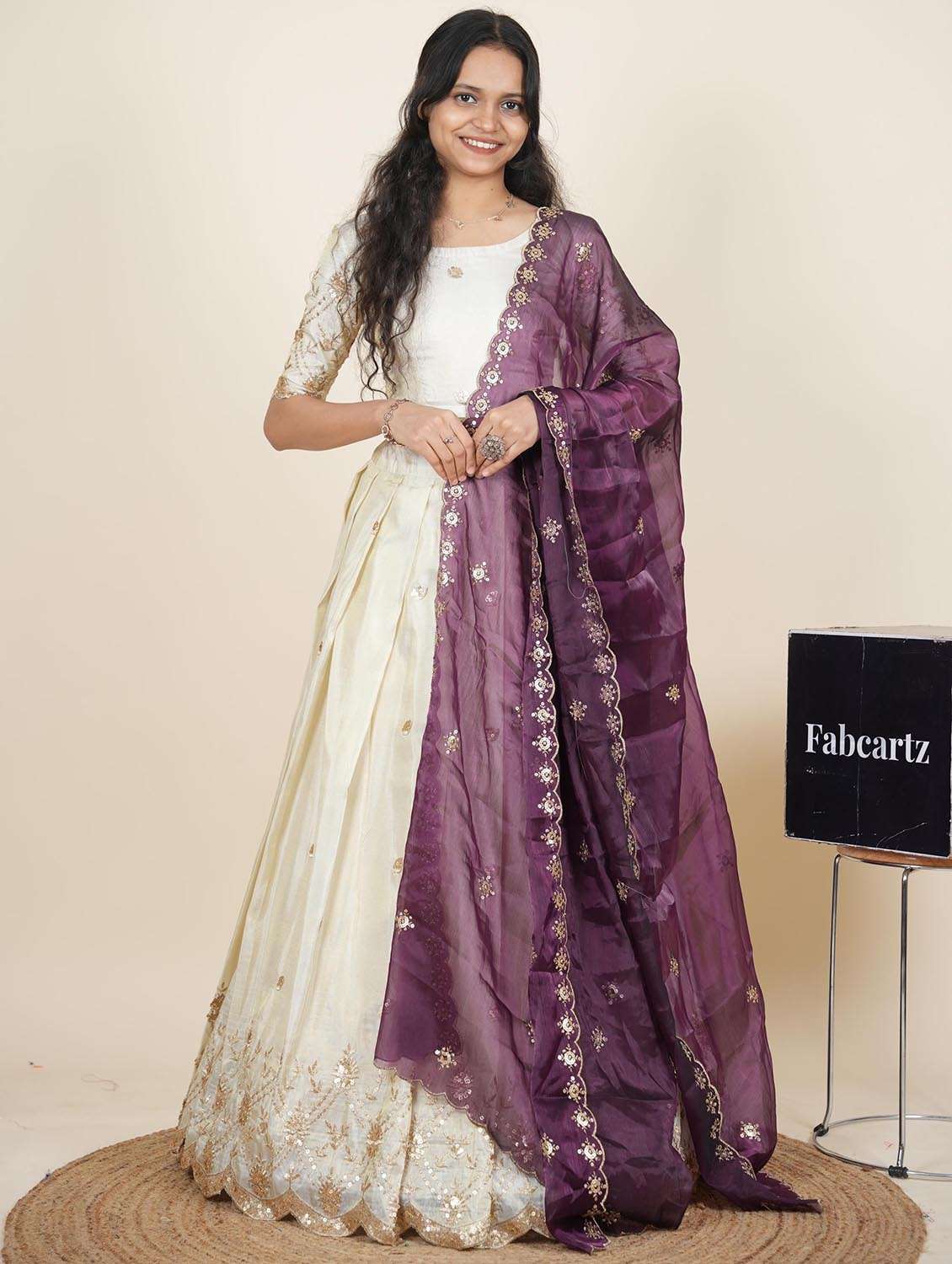 women solid with work semi-stitched flared lehenga