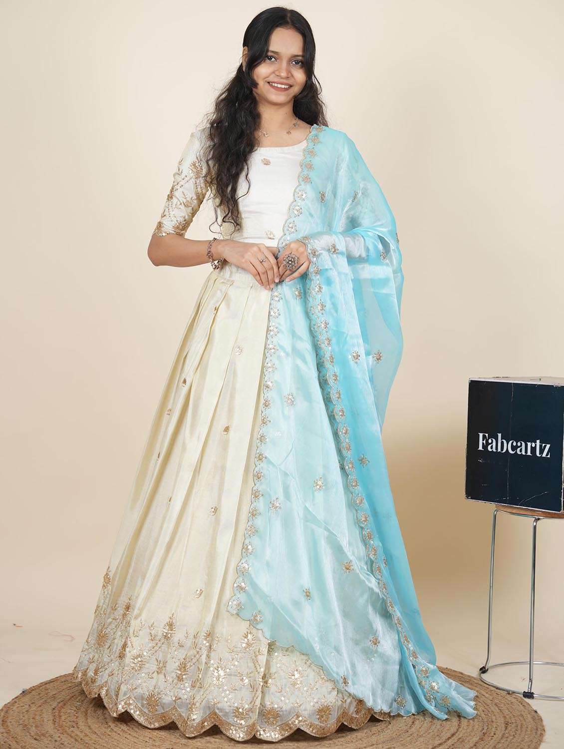 women solid with work semi-stitched flared lehenga