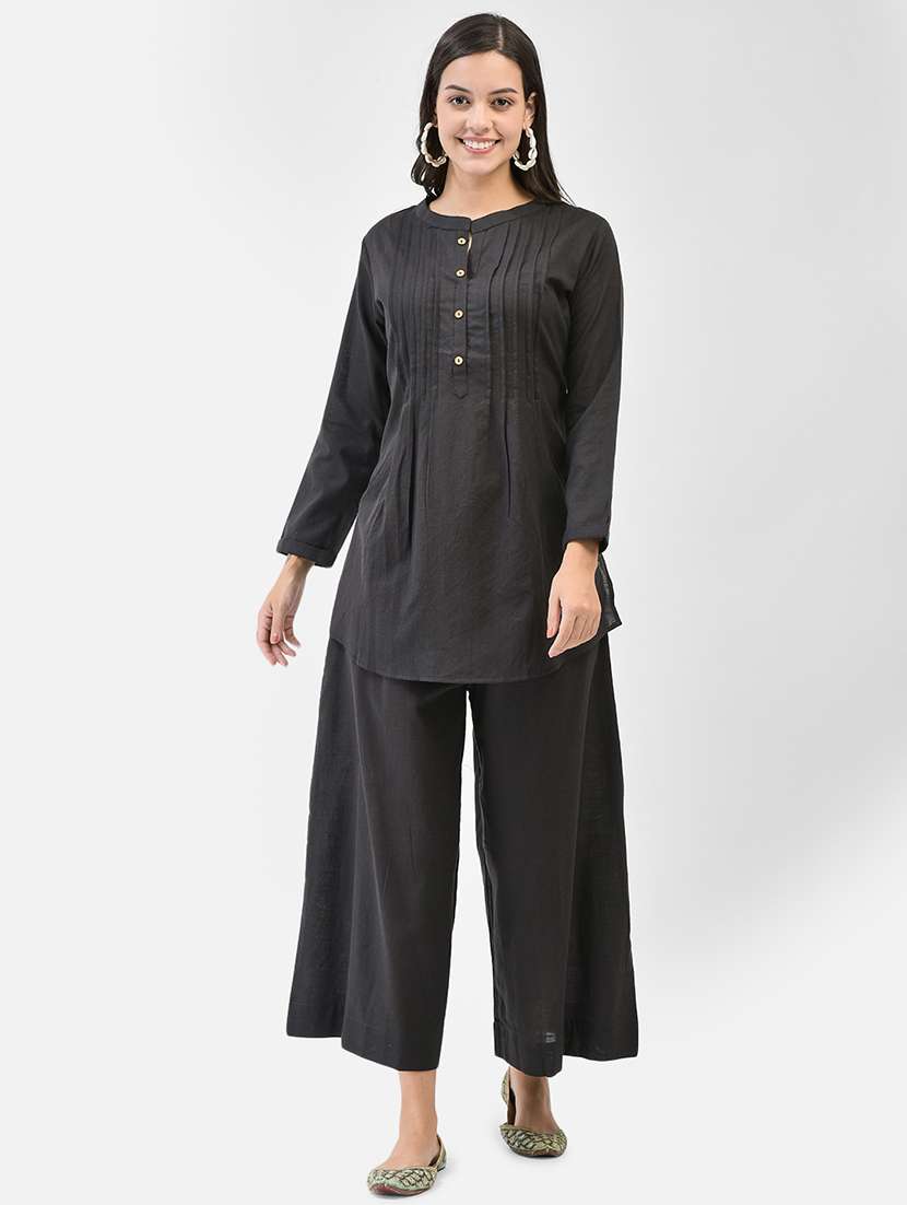 women solid long sleeve a-line kurti