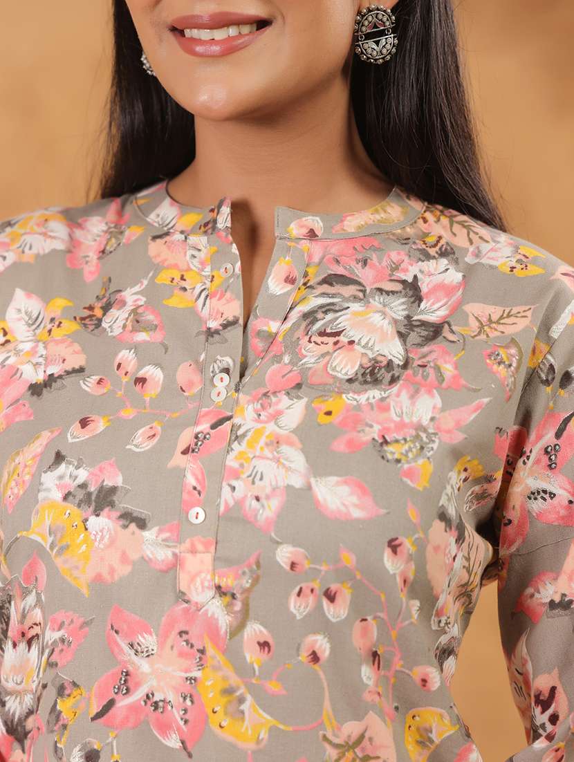 women floral three quarter sleeve straight kurti - 22287106 -  Standard Image - 5