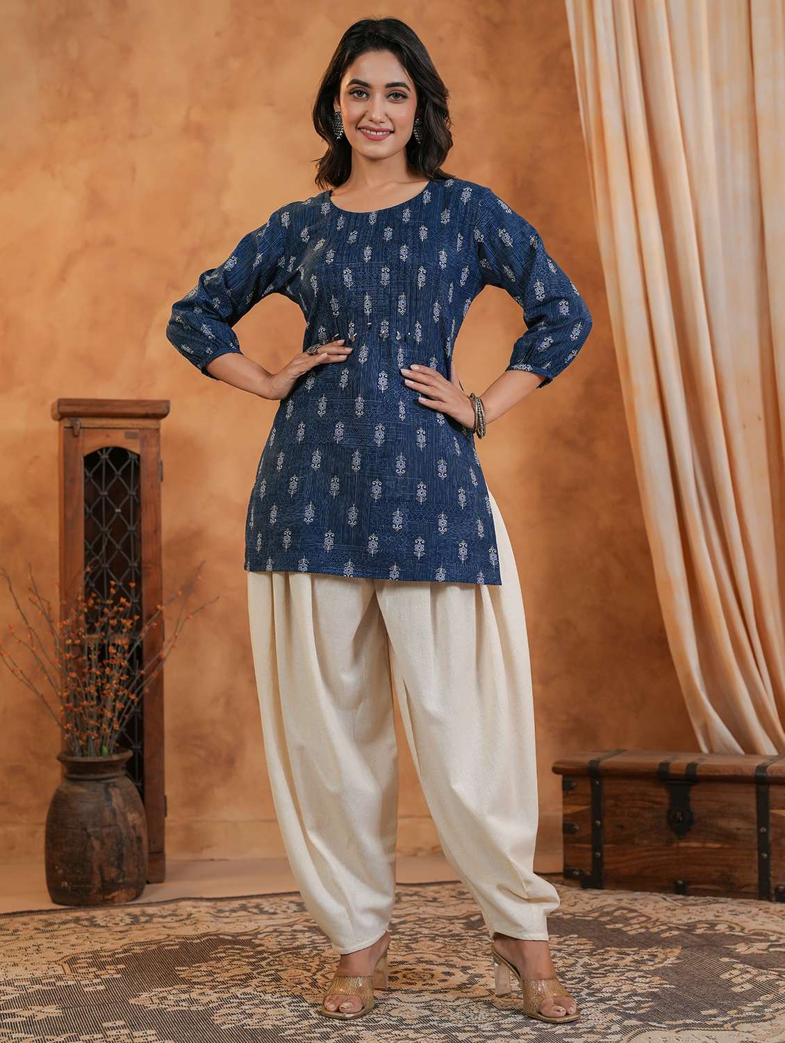 women printed three quarter sleeve straight kurti