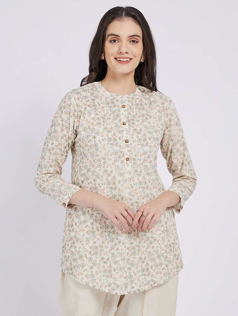 women floral printed three quarter sleeve a-line kurti