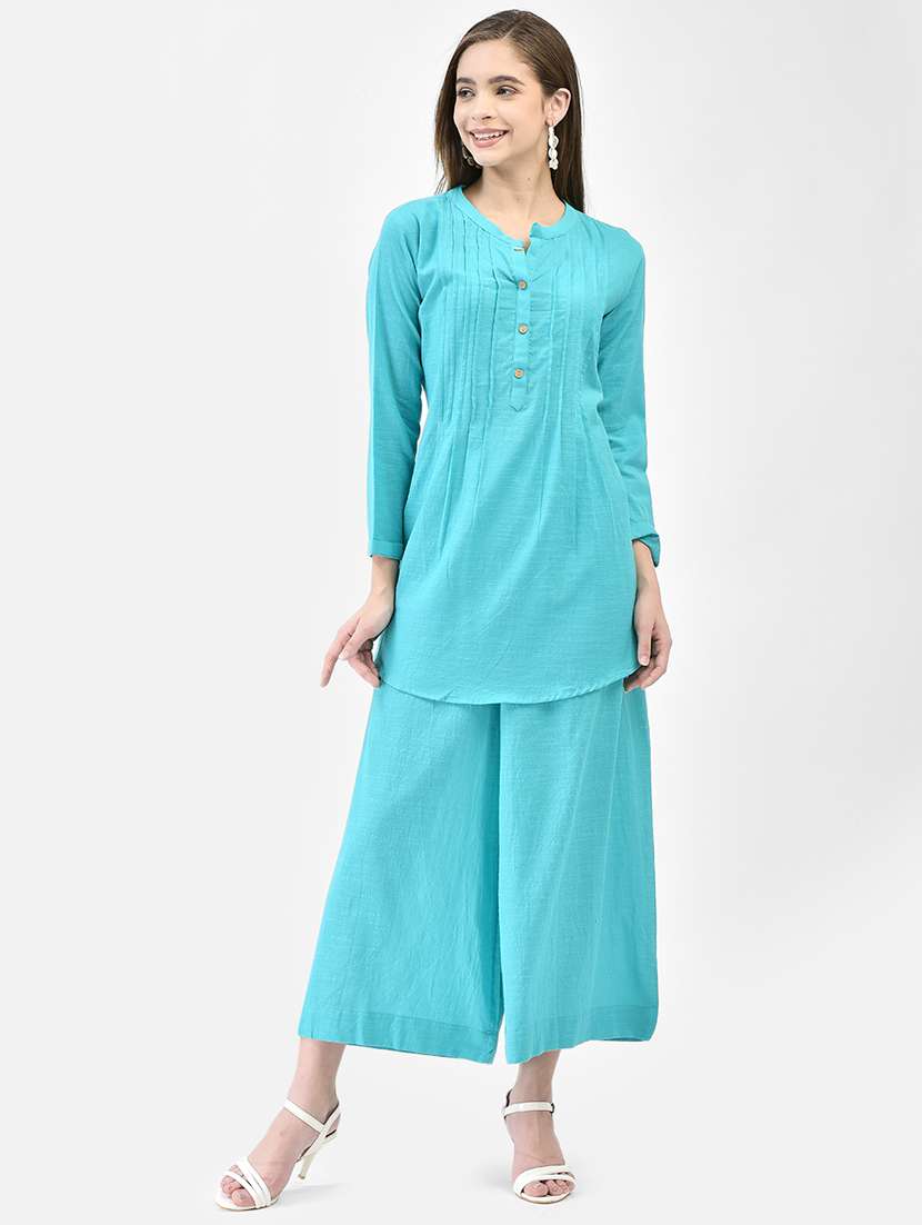 women solid long sleeve a-line kurti