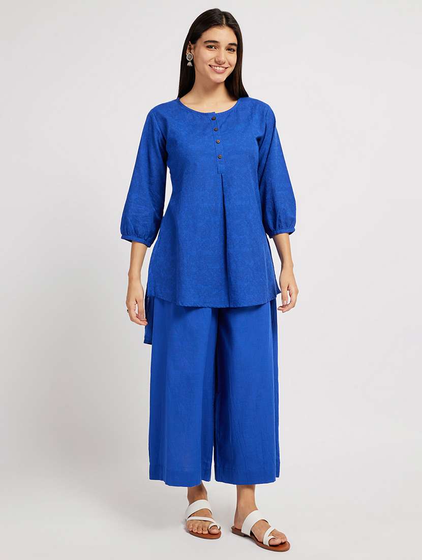 women solid three quarter sleeve high-low kurti