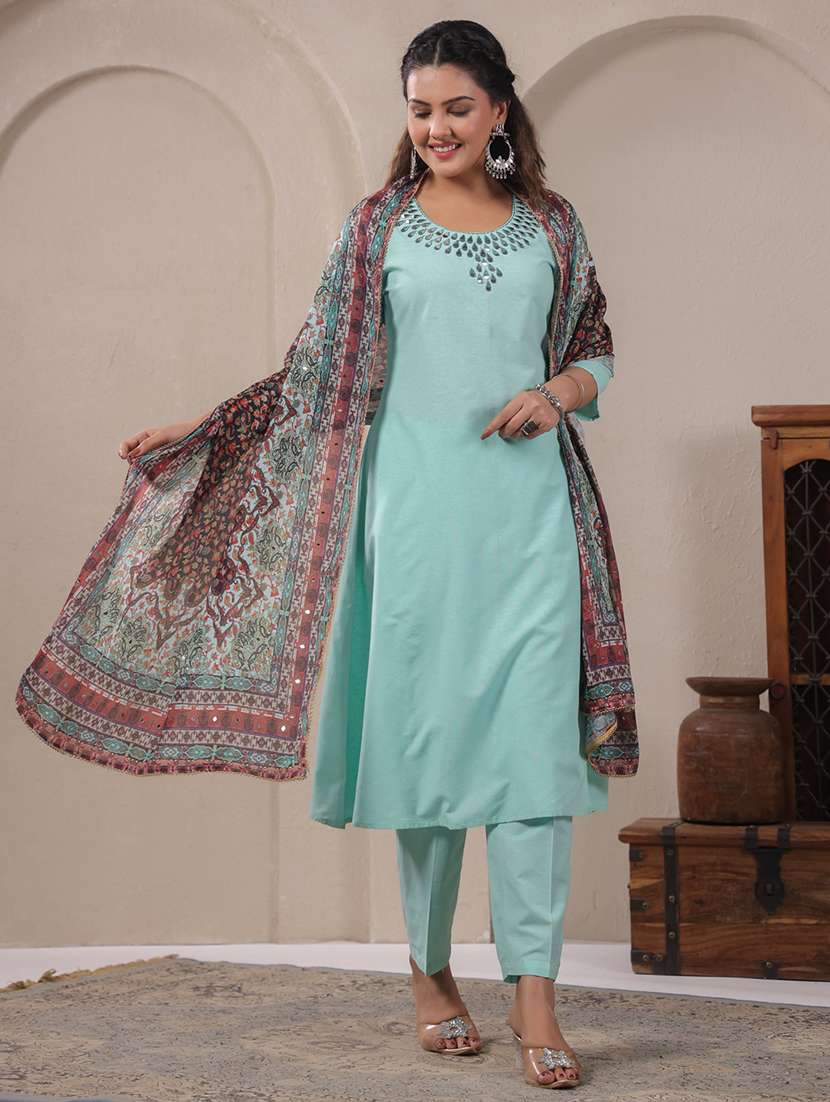 women solid with work three quarter sleeve kurta pant with dupatta set