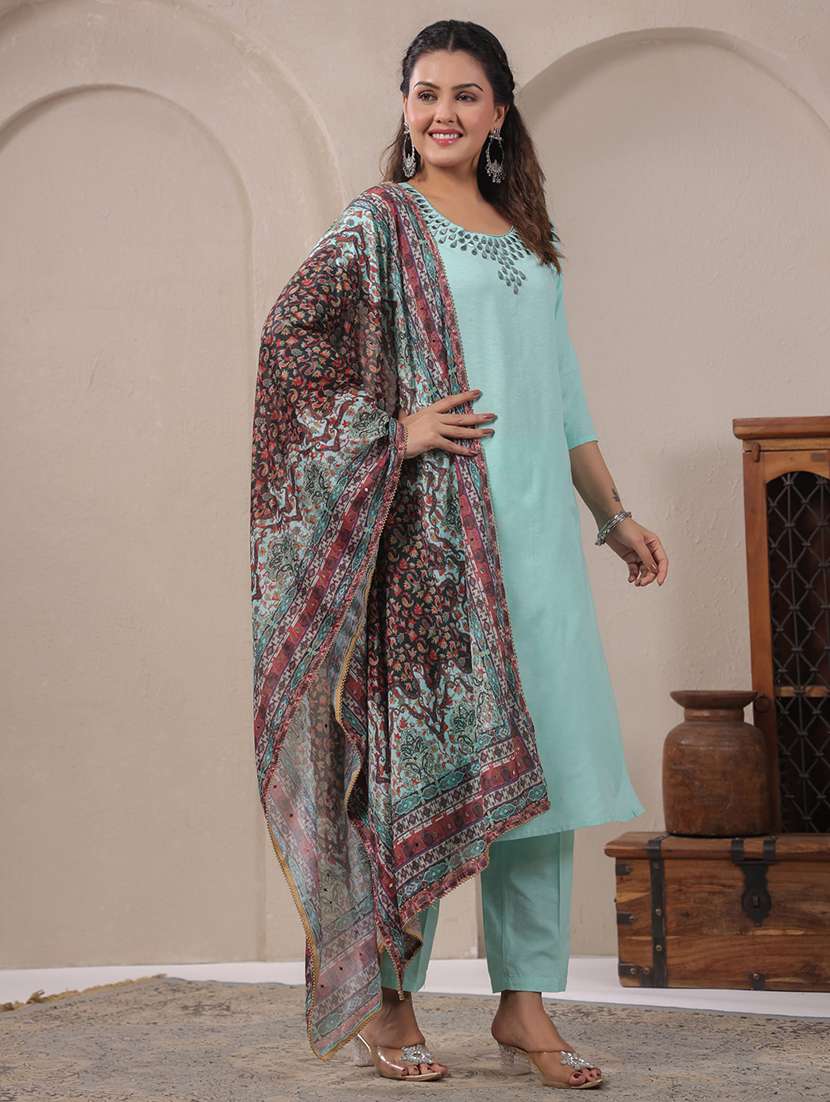 women solid with work three quarter sleeve kurta pant with dupatta set - 22287126 -  Standard Image - 3